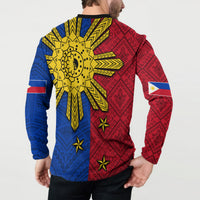 Back view red and blue Polynesian sun button sweatshirt with oversized yellow sunburst print