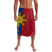 Men's red and blue patterned lava lava shorts with yellow sun and star graphic