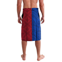 Men's red and blue block-pattern lava lava shorts, knee length, geometric motifs