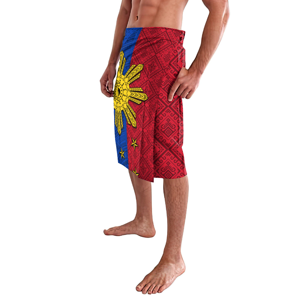 Men's red lava lava shorts with yellow sunburst, blue trim, geometric border print