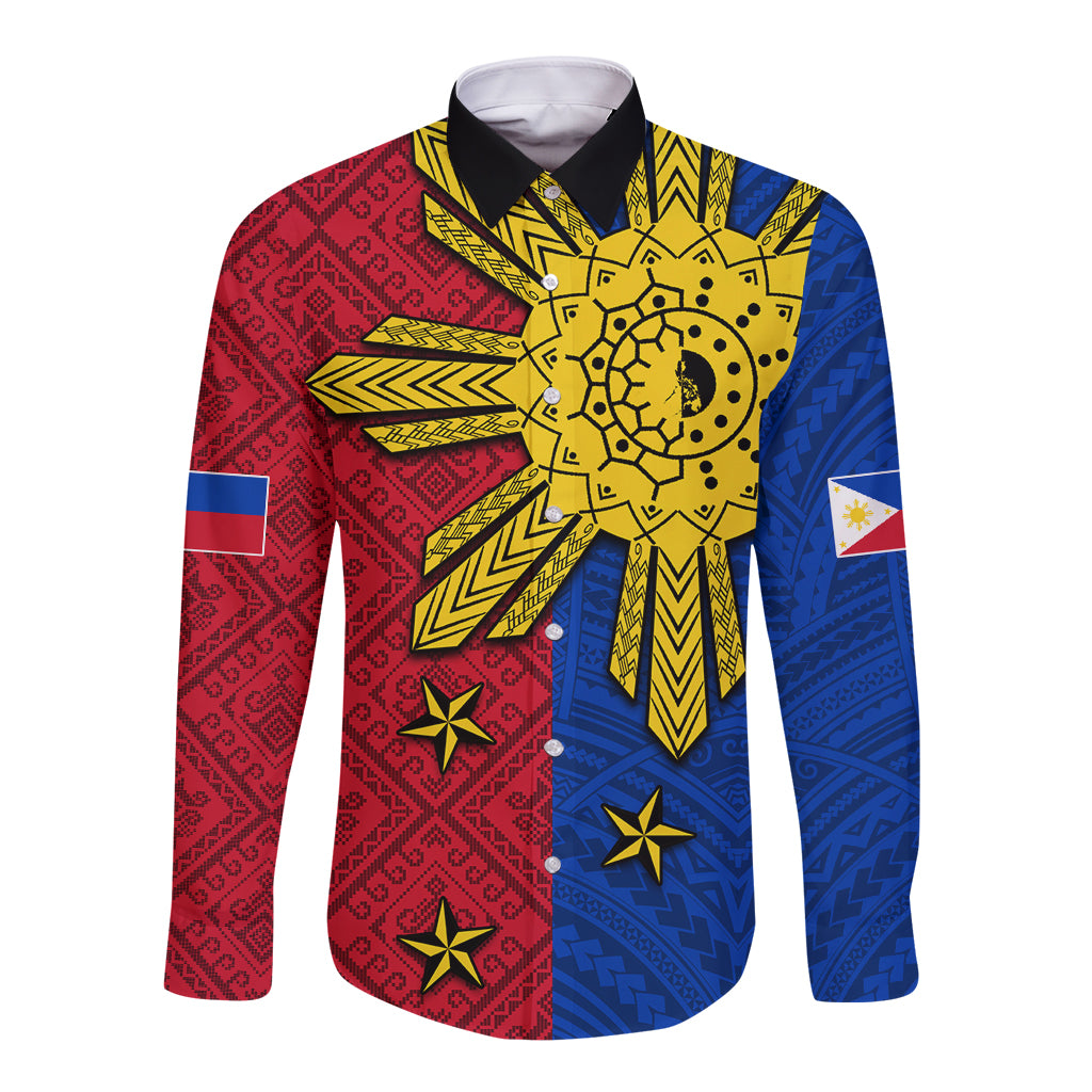 Red, blue and yellow long-sleeve button shirt with bold sun tattoo print