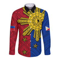 Red, blue and yellow long-sleeve button shirt with bold sun tattoo print