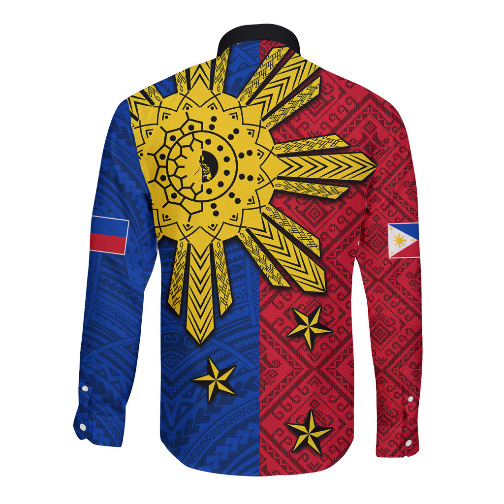 Long-sleeve button shirt with back sun print and red, blue geometric pattern