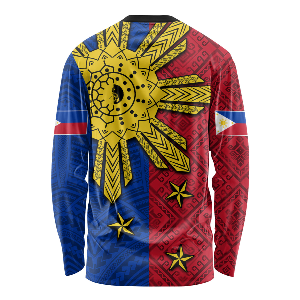 Unisex long-sleeve shirt, red/blue panels with yellow sun motif and star accents