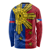 Unisex long-sleeve shirt, red/blue panels with yellow sun motif and star accents