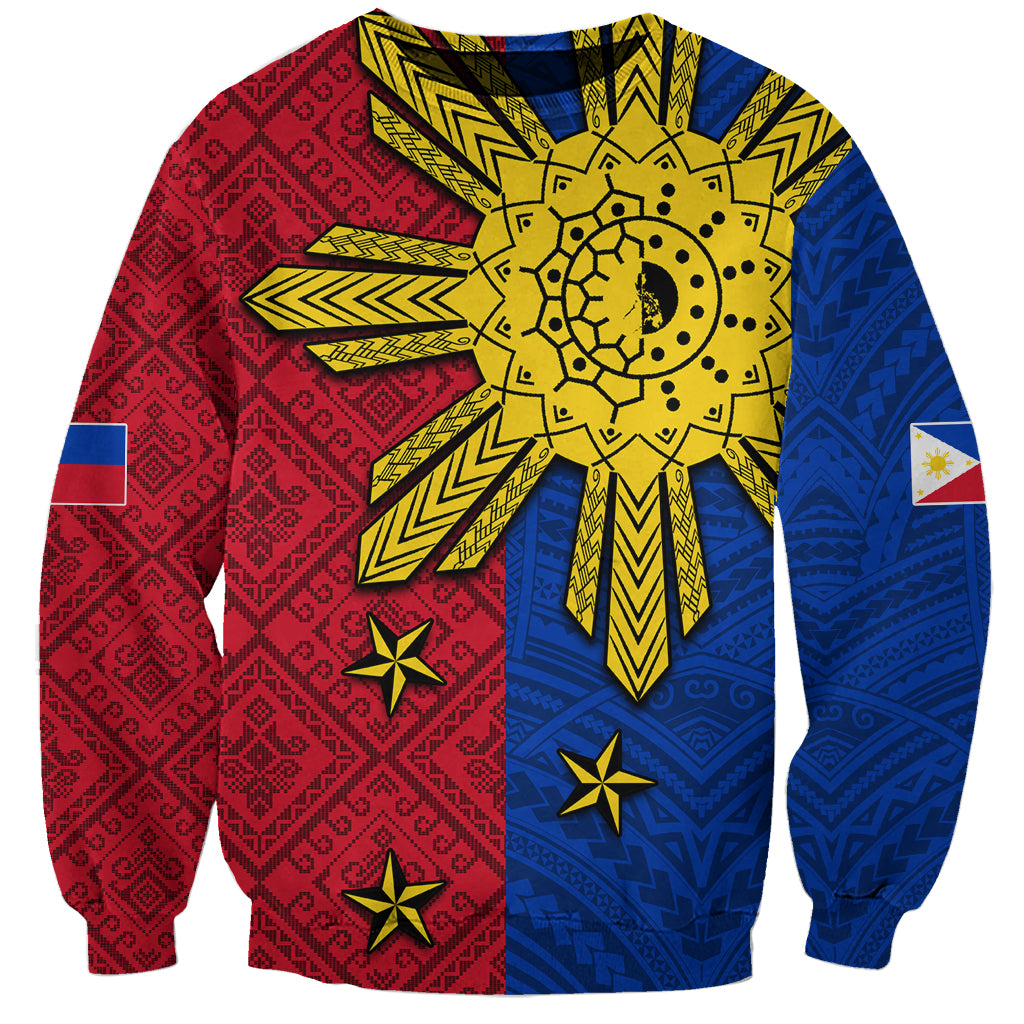 Unisex sweatshirt with red, blue, and yellow Polynesian sun graphic, crew neck