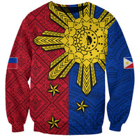 Unisex sweatshirt with red, blue, and yellow Polynesian sun graphic, crew neck