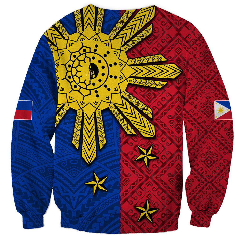 Unisex crewneck sweatshirt with yellow sun on blue and red geometric pattern