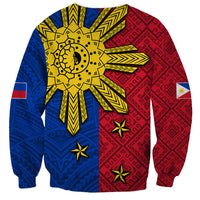 Unisex crewneck sweatshirt with yellow sun on blue and red geometric pattern
