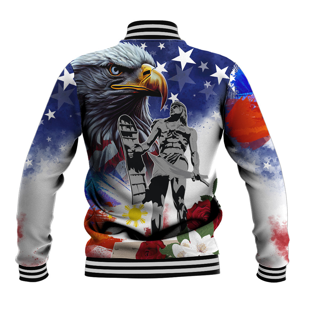 Unisex blue baseball jacket with back eagle graphic, patriotic floral accents, striped cuffs