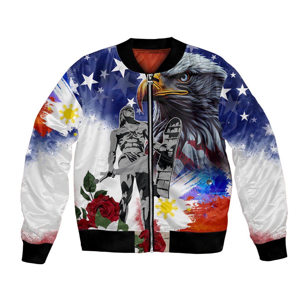 Blue and white bomber jacket with full-zip front, eagle graphic, stars, roses and flag art