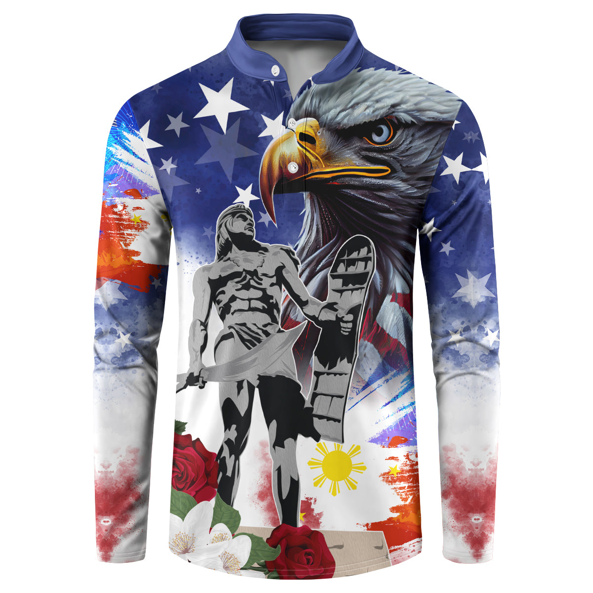 Blue button sweatshirt with eagle graphic, stars, and patriotic red-white-blue collage art