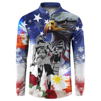 Blue button sweatshirt with eagle graphic, stars, and patriotic red-white-blue collage art