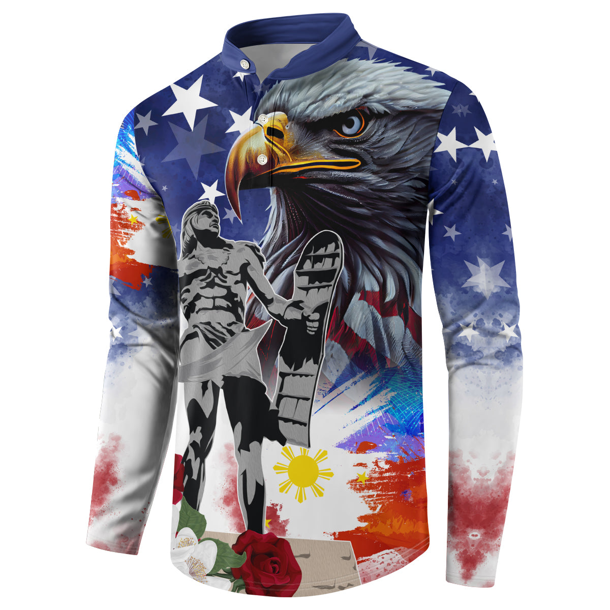 Blue button sweatshirt with eagle portrait, star pattern, and patriotic collage design