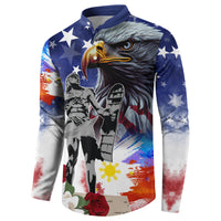 Blue button sweatshirt with eagle portrait, star pattern, and patriotic collage design