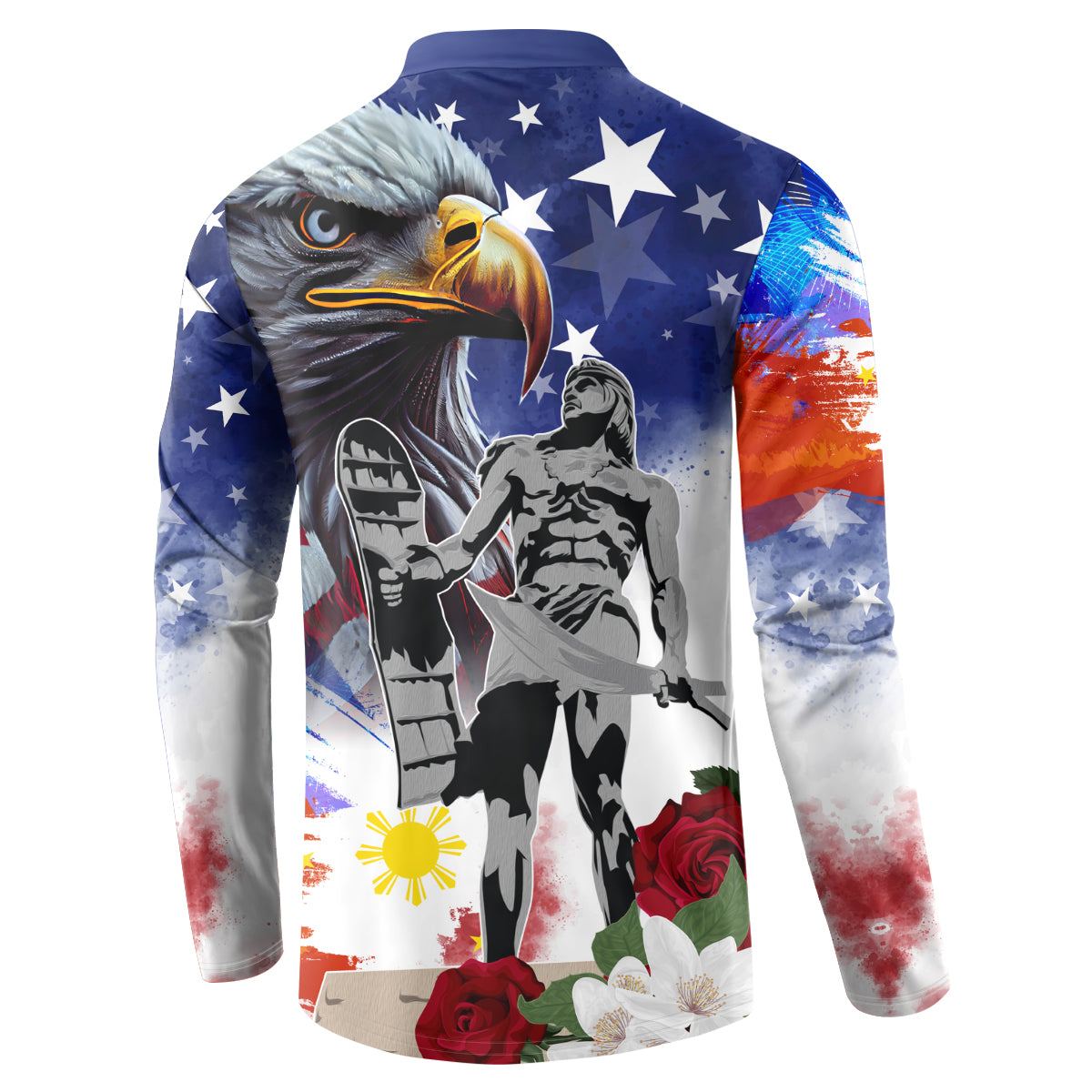 Blue button sweatshirt back view with eagle face, star pattern, and red-blue paint splashes