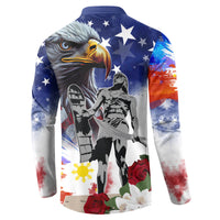 Blue button sweatshirt back view with eagle face, star pattern, and red-blue paint splashes