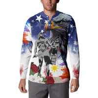 Blue button sweatshirt worn by model, front eagle-and-star patriotic graphic collage