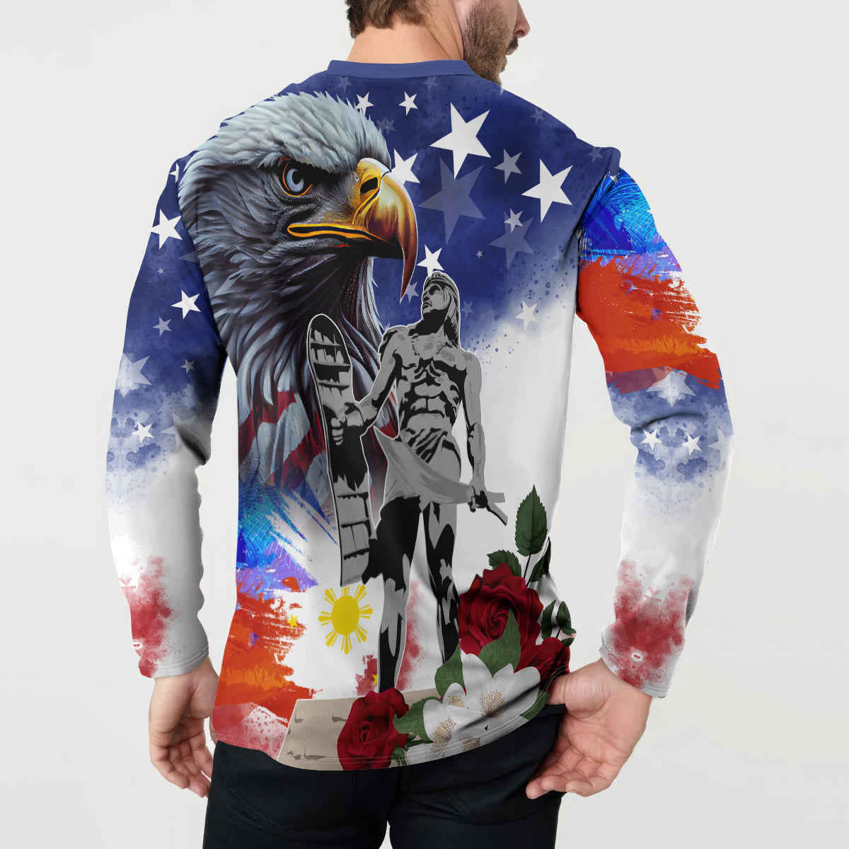 Blue button sweatshirt back view with large eagle graphic and stars-and-flag artwork