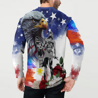 Blue button sweatshirt back view with large eagle graphic and stars-and-flag artwork