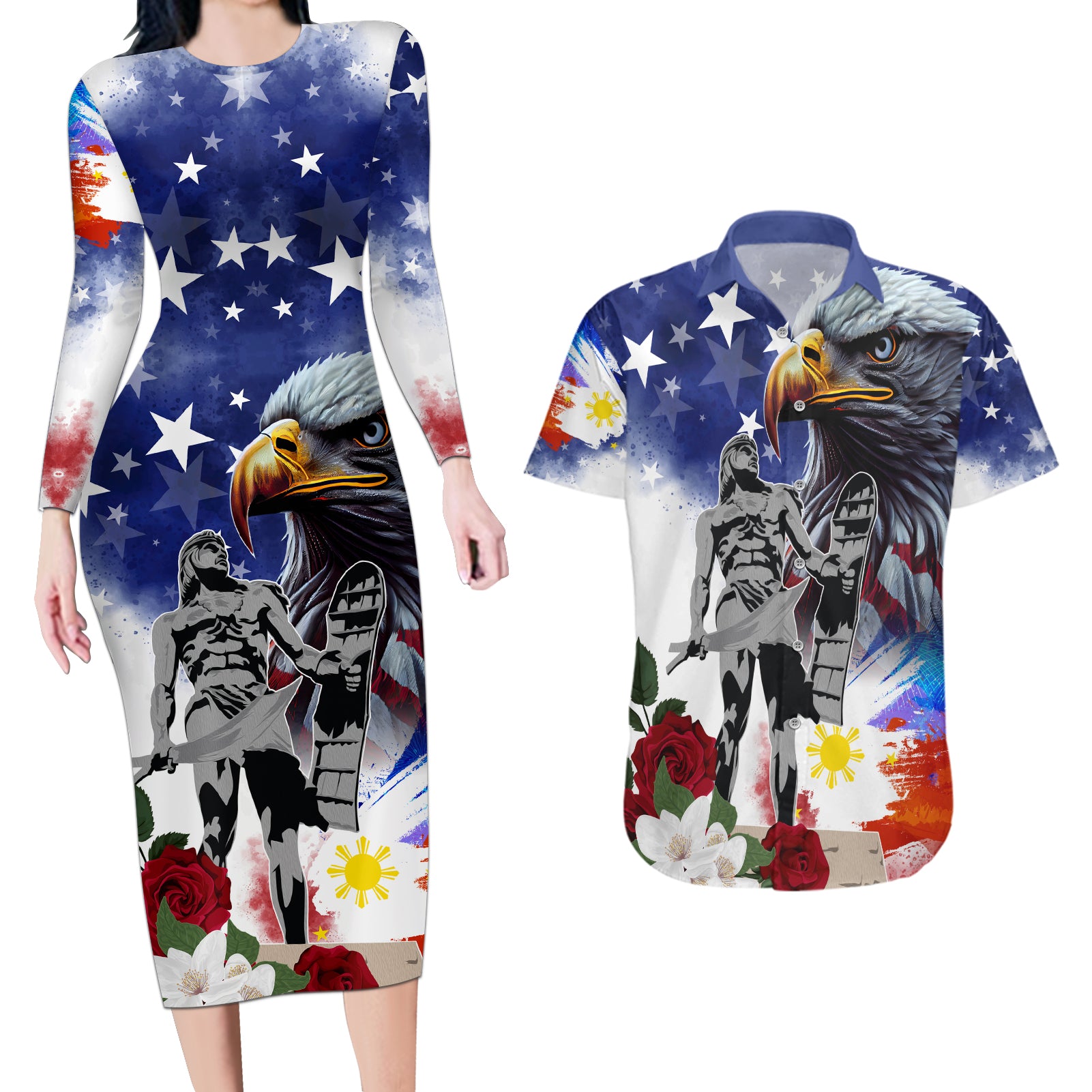 Philippines and American Together Couples Matching Long Sleeve Bodycon Dress and Hawaiian Shirt Filipino Lapulapu and Bald Eagle - Wonder Print Shop