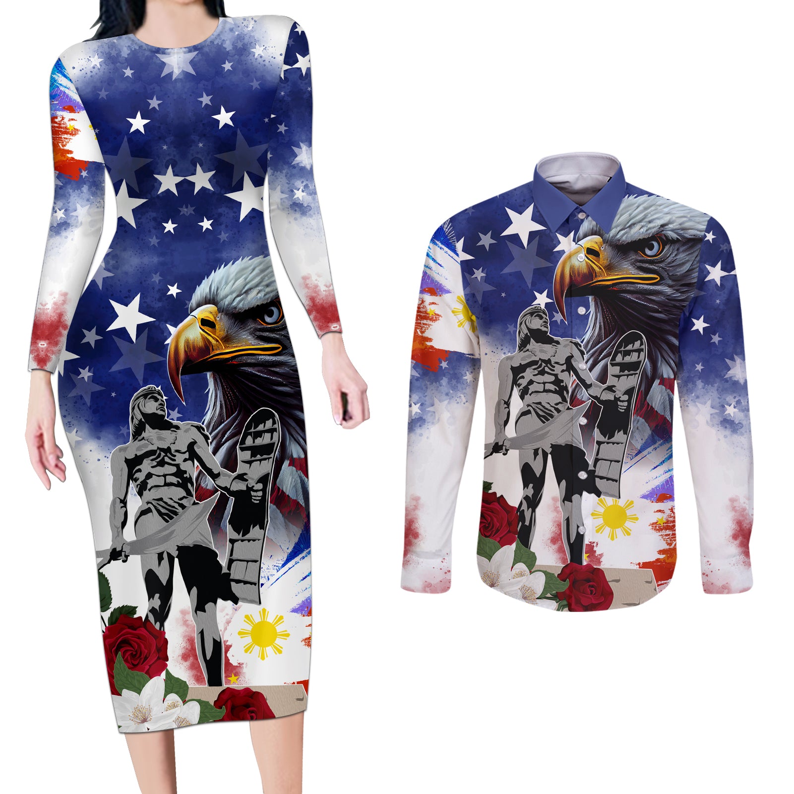 Philippines and American Together Couples Matching Long Sleeve Bodycon Dress and Long Sleeve Button Shirt Filipino Lapulapu and Bald Eagle - Wonder Print Shop