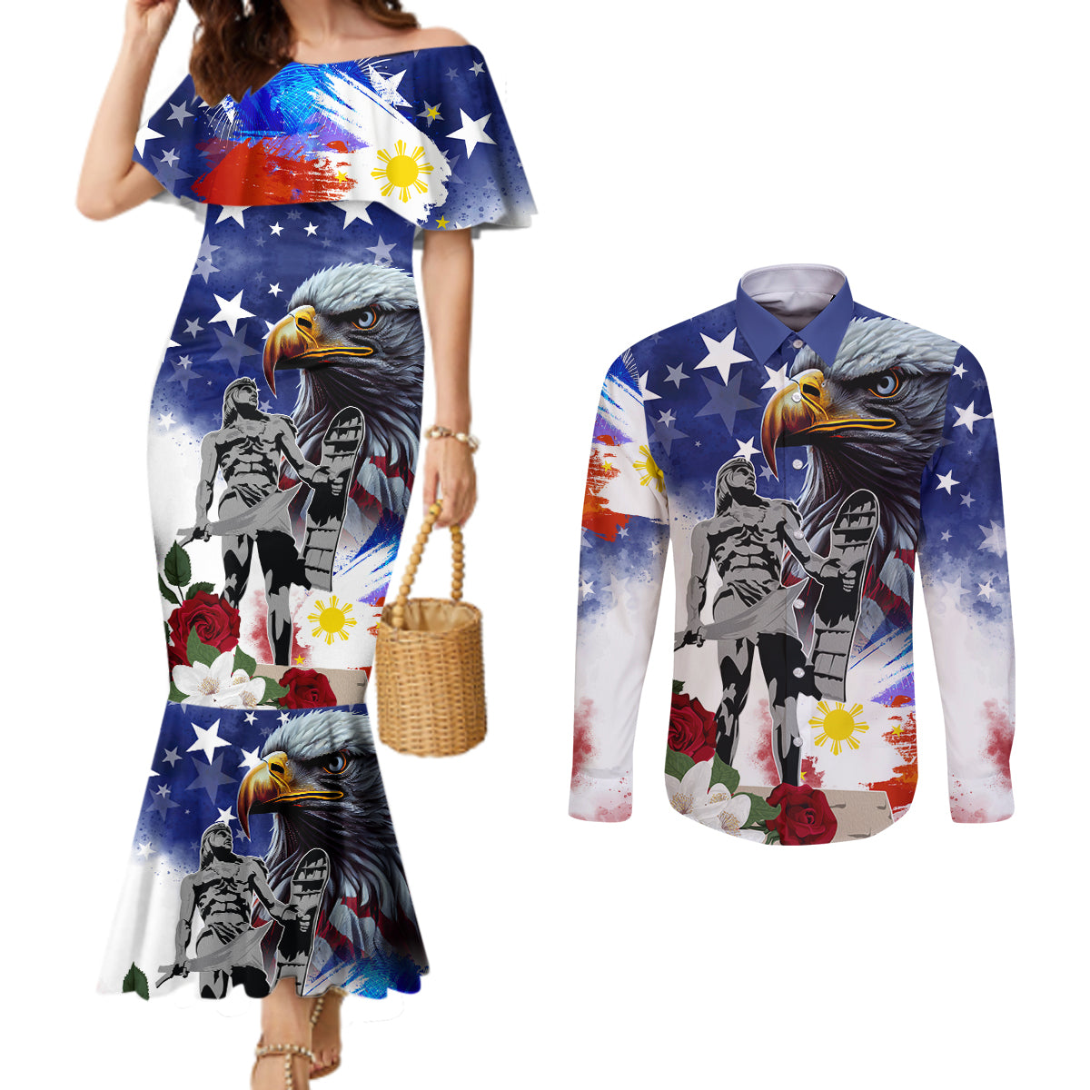 Philippines and American Together Couples Matching Mermaid Dress and Long Sleeve Button Shirt Filipino Lapulapu and Bald Eagle