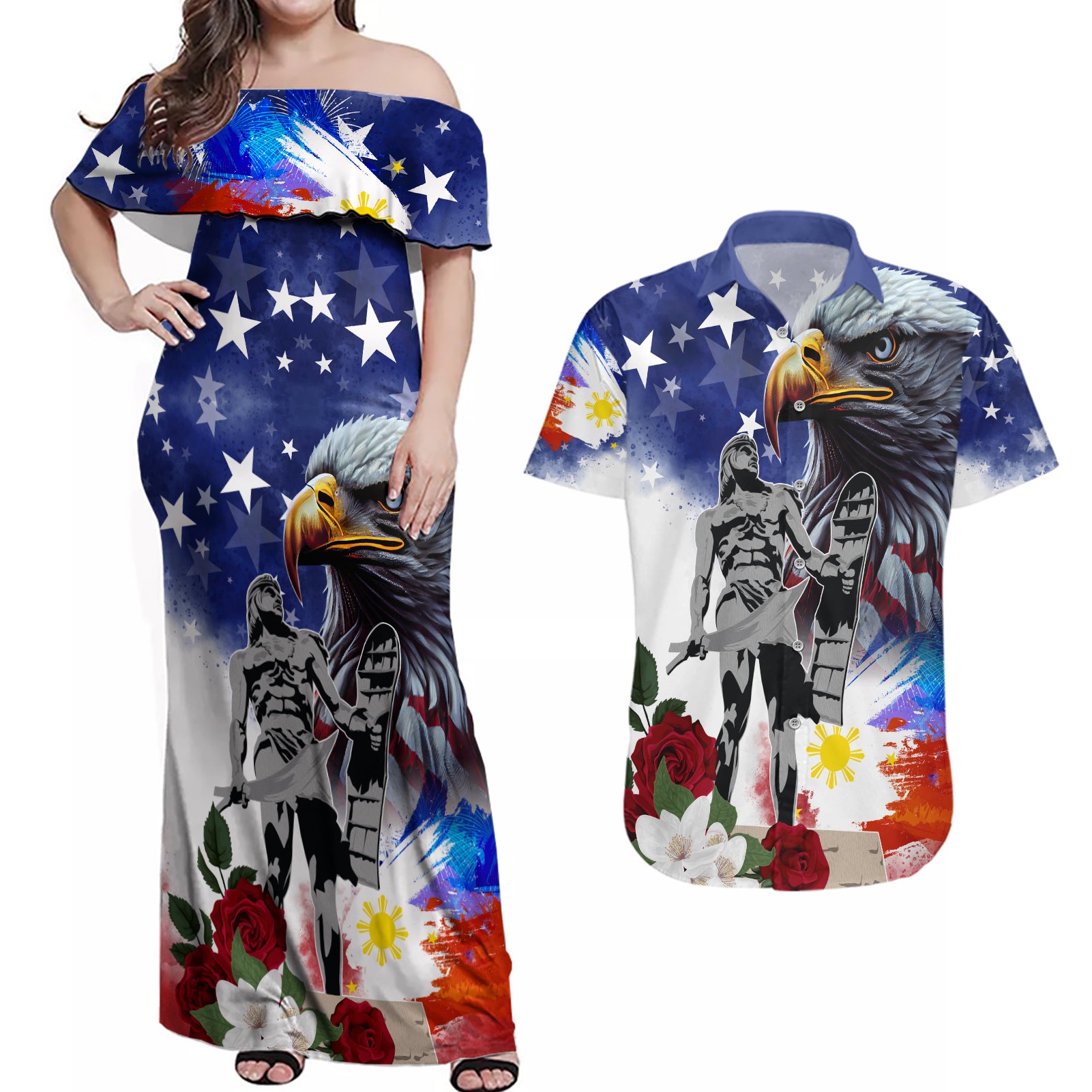 Philippines and American Together Couples Matching Off Shoulder Maxi Dress and Hawaiian Shirt Filipino Lapulapu and Bald Eagle - Wonder Print Shop