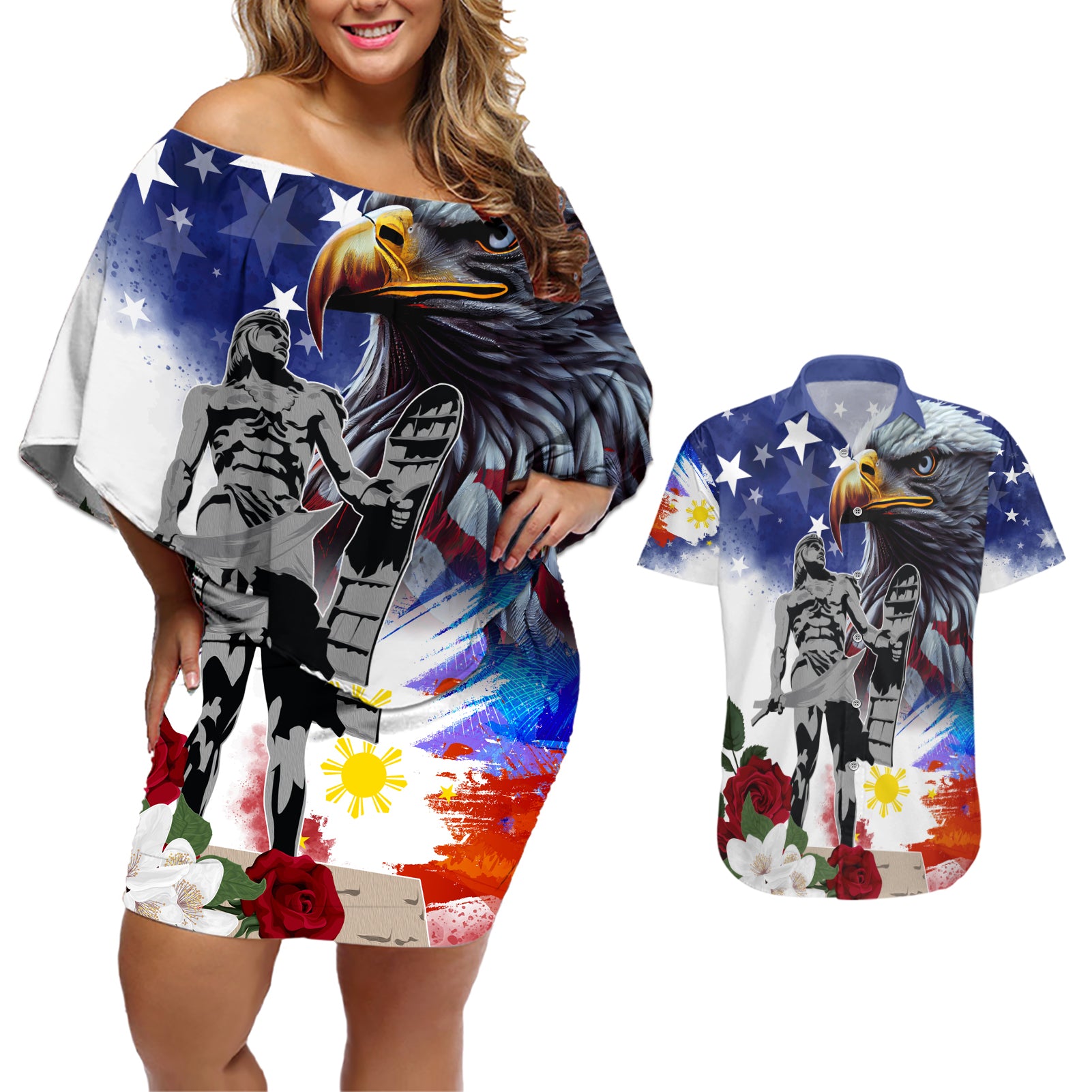 Philippines and American Together Couples Matching Off Shoulder Short Dress and Hawaiian Shirt Filipino Lapulapu and Bald Eagle - Wonder Print Shop