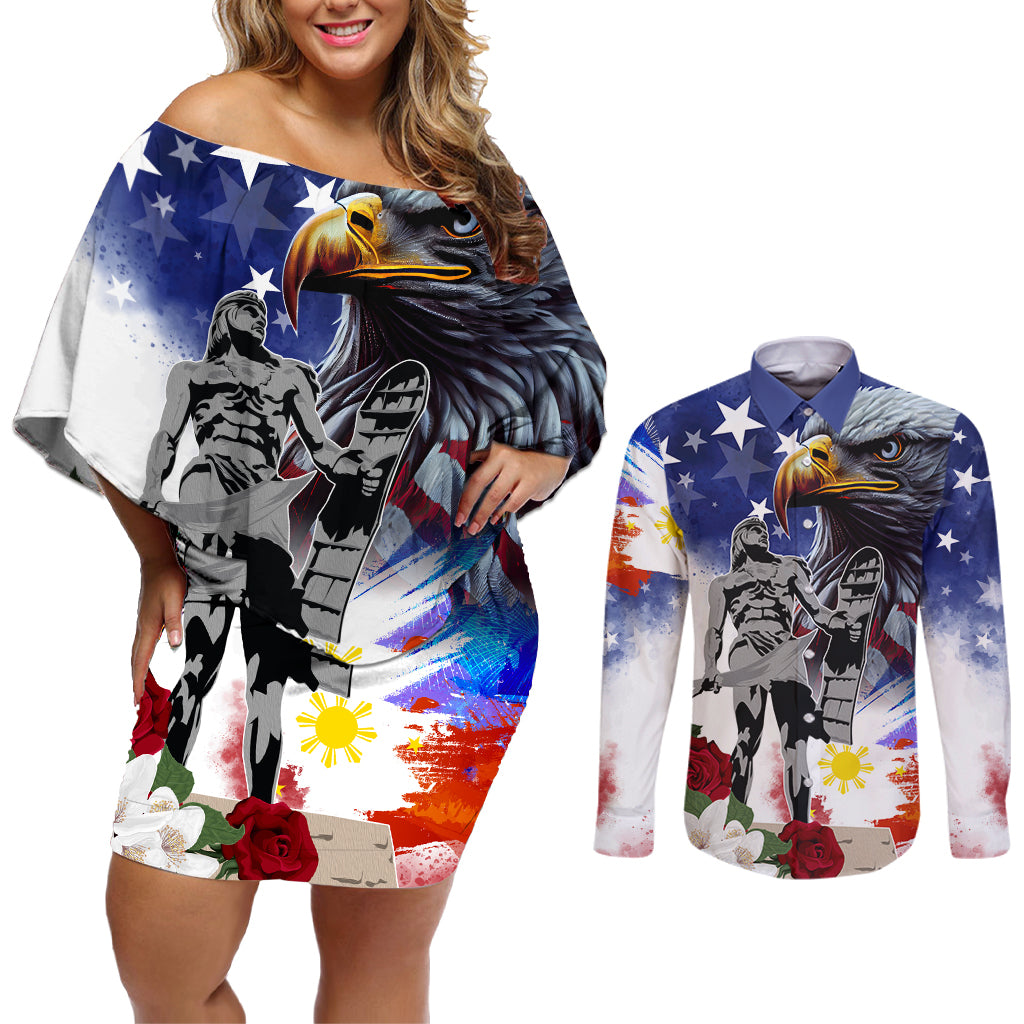 Philippines and American Together Couples Matching Off Shoulder Short Dress and Long Sleeve Button Shirt Filipino Lapulapu and Bald Eagle - Wonder Print Shop