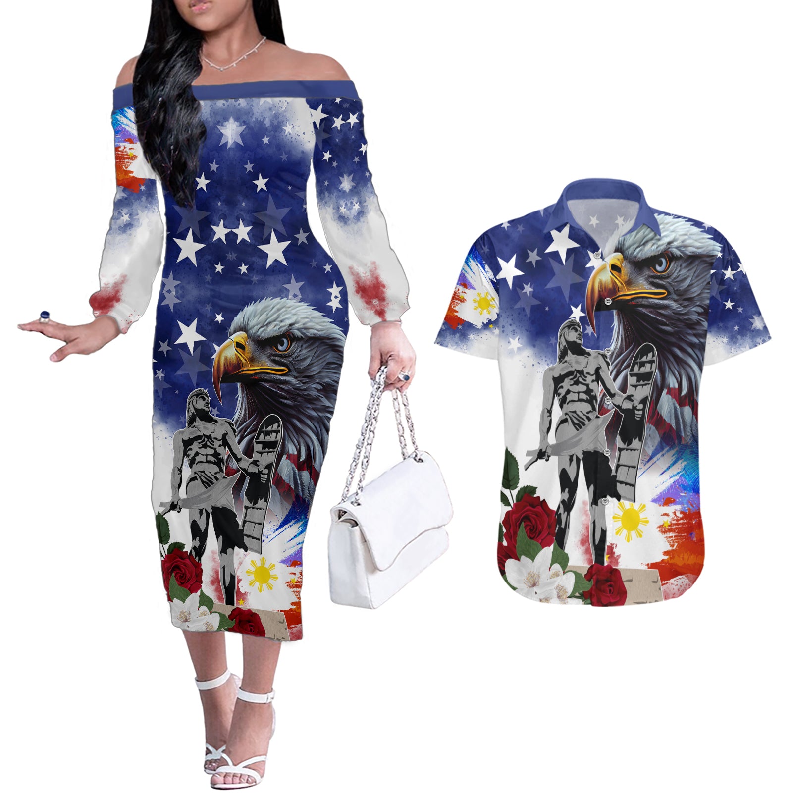 Philippines and American Together Couples Matching Off The Shoulder Long Sleeve Dress and Hawaiian Shirt Filipino Lapulapu and Bald Eagle - Wonder Print Shop