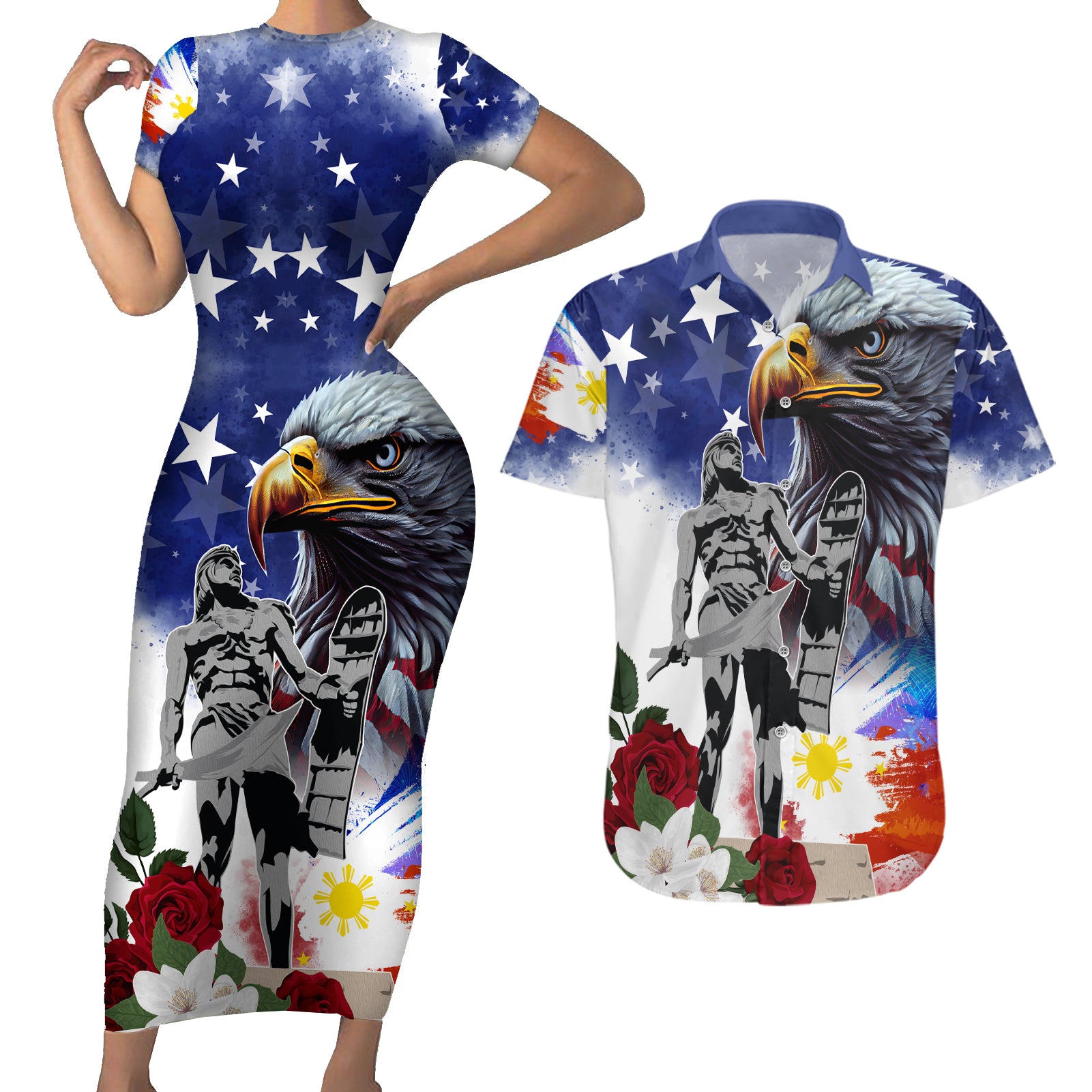 Philippines and American Together Couples Matching Short Sleeve Bodycon Dress and Hawaiian Shirt Filipino Lapulapu and Bald Eagle - Wonder Print Shop