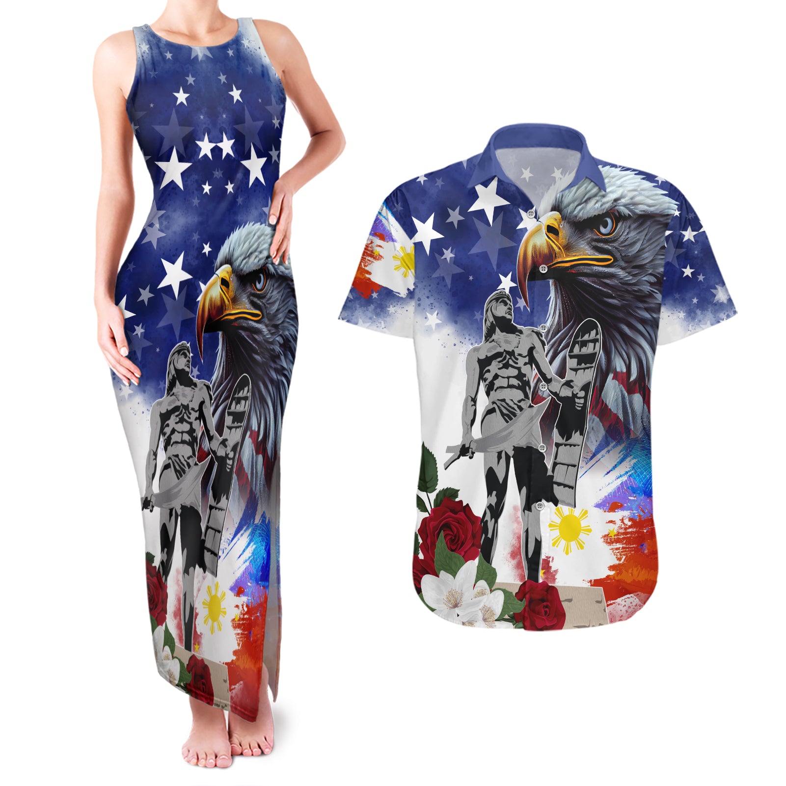 Philippines and American Together Couples Matching Tank Maxi Dress and Hawaiian Shirt Filipino Lapulapu and Bald Eagle - Wonder Print Shop