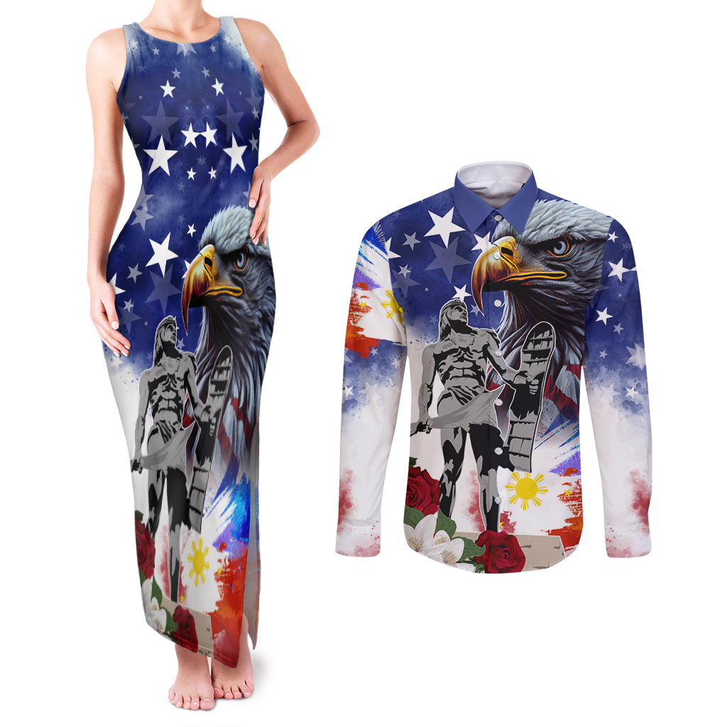 Philippines and American Together Couples Matching Tank Maxi Dress and Long Sleeve Button Shirt Filipino Lapulapu and Bald Eagle - Wonder Print Shop