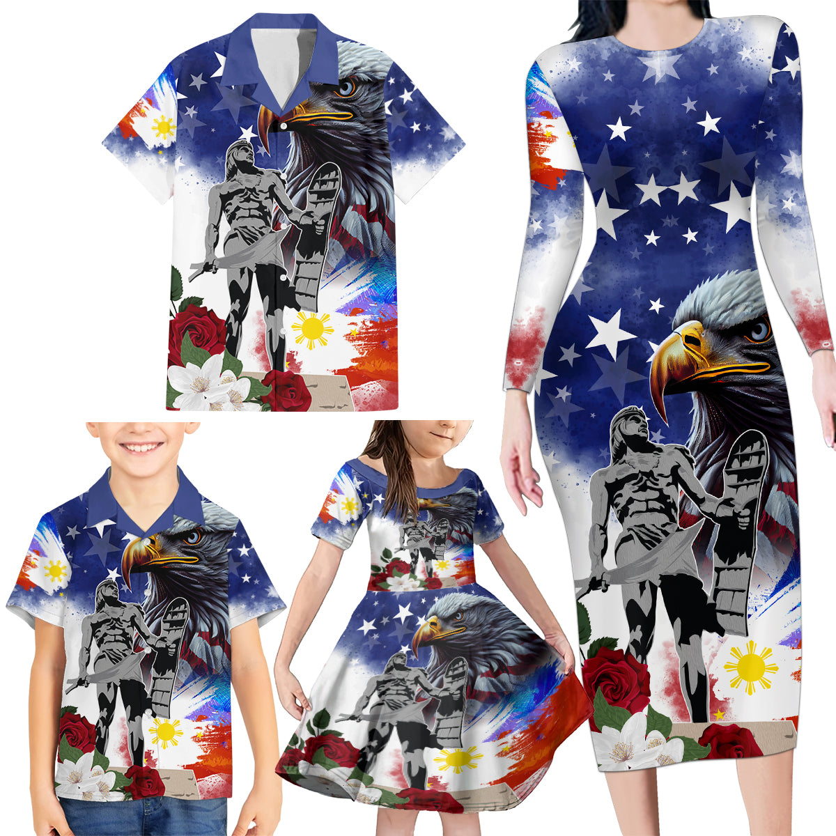 Philippines and American Together Family Matching Long Sleeve Bodycon Dress and Hawaiian Shirt Filipino Lapulapu and Bald Eagle - Wonder Print Shop