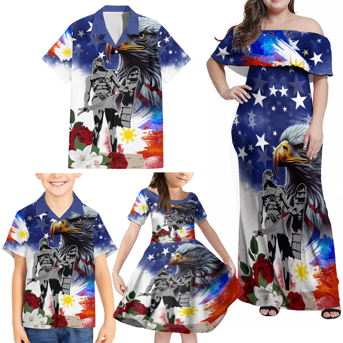 Philippines and American Together Family Matching Off Shoulder Maxi Dress and Hawaiian Shirt Filipino Lapulapu and Bald Eagle - Wonder Print Shop