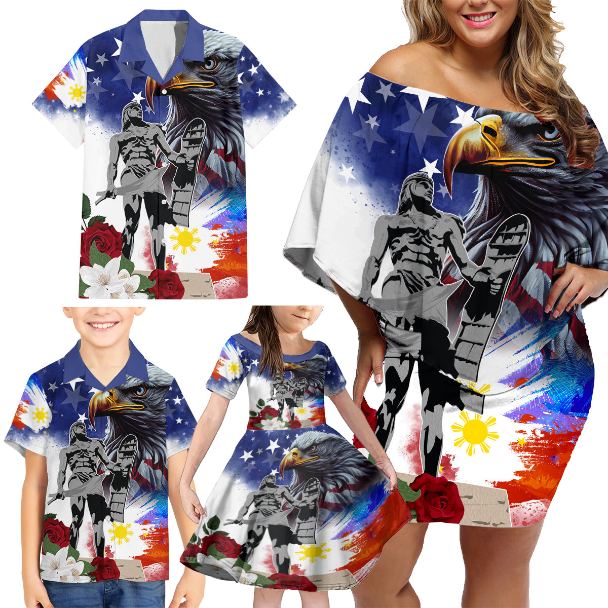 Philippines and American Together Family Matching Off Shoulder Short Dress and Hawaiian Shirt Filipino Lapulapu and Bald Eagle - Wonder Print Shop