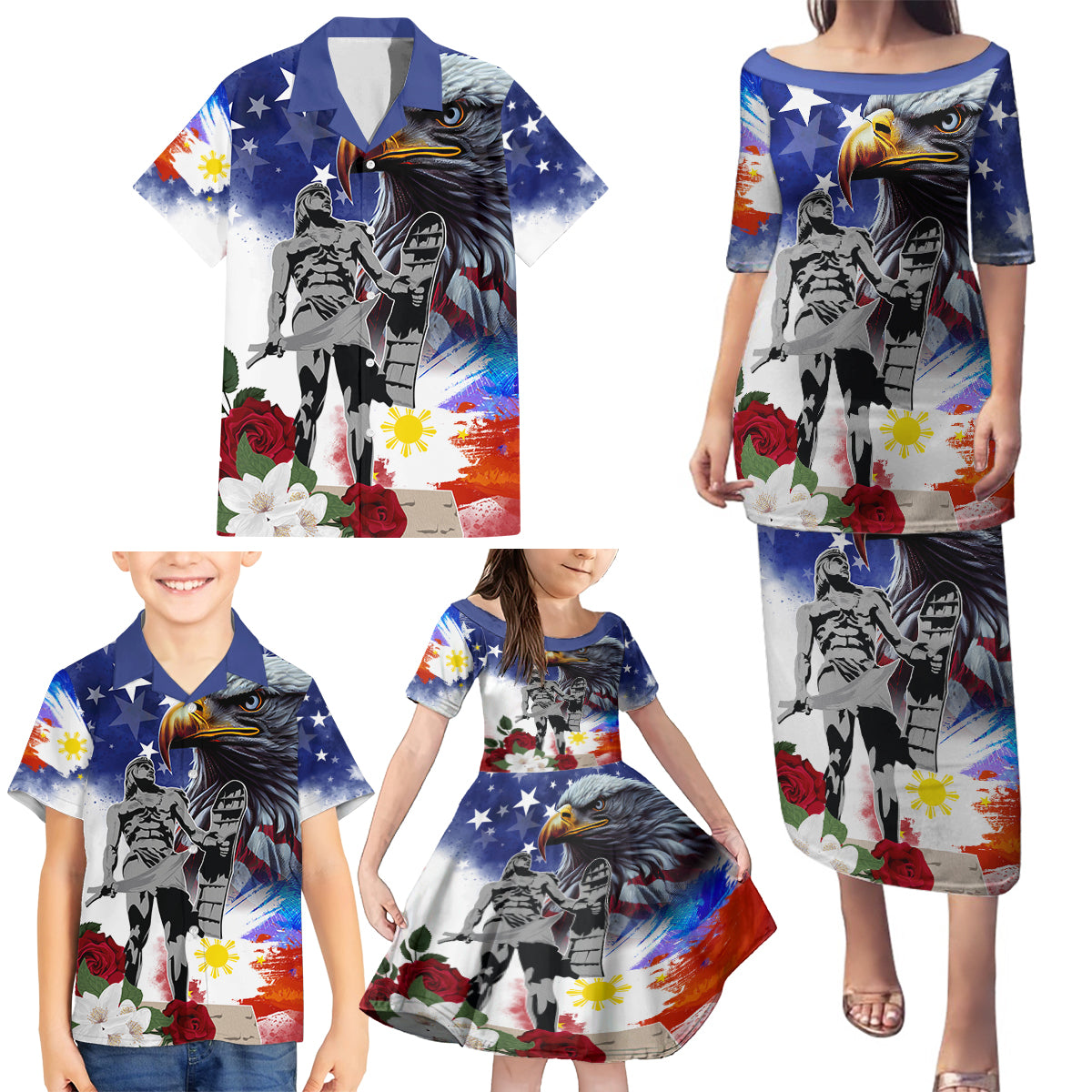 Philippines and American Together Family Matching Puletasi and Hawaiian Shirt Filipino Lapulapu and Bald Eagle - Wonder Print Shop