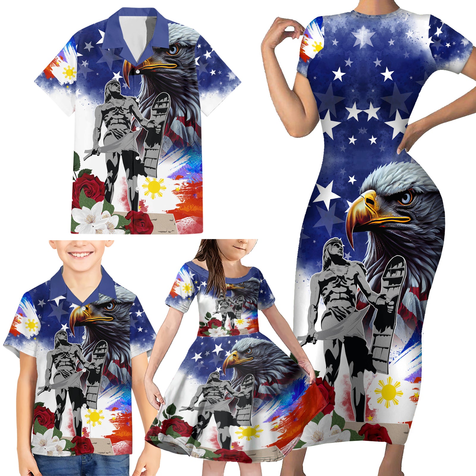 Philippines and American Together Family Matching Short Sleeve Bodycon Dress and Hawaiian Shirt Filipino Lapulapu and Bald Eagle - Wonder Print Shop