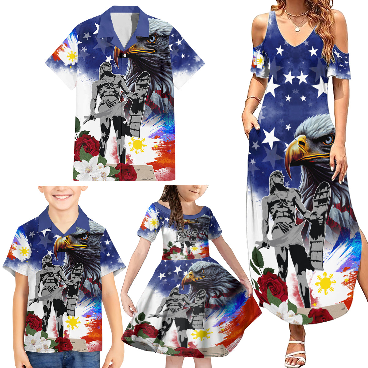 Philippines and American Together Family Matching Summer Maxi Dress and Hawaiian Shirt Filipino Lapulapu and Bald Eagle - Wonder Print Shop