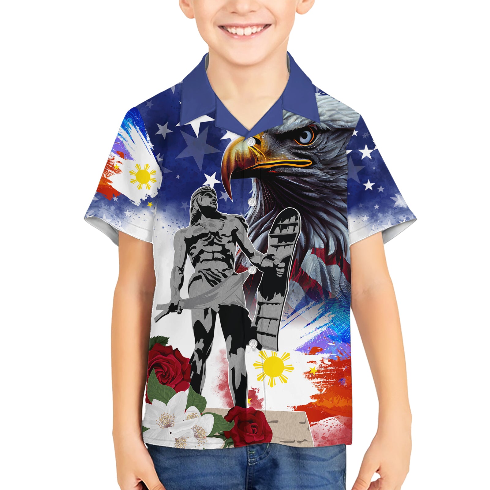 Philippines and American Together Kid Hawaiian Shirt Filipino Lapulapu and Bald Eagle - Wonder Print Shop