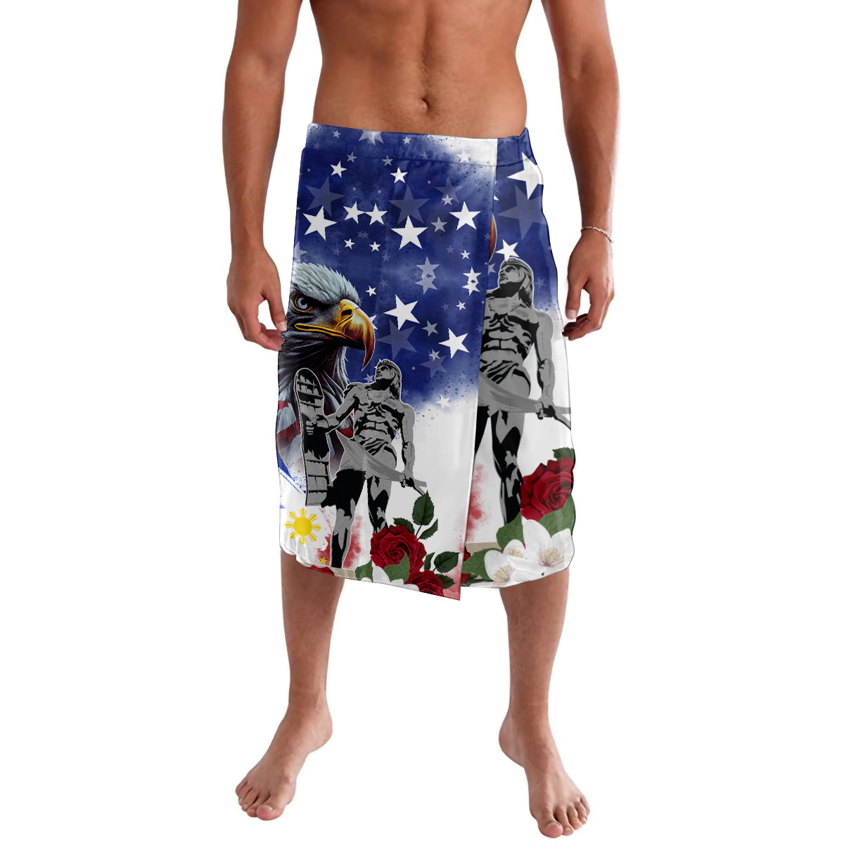 Men's blue graphic shorts with stars, eagle, and collage portraits