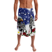 Men's blue graphic shorts with stars, eagle, and collage portraits