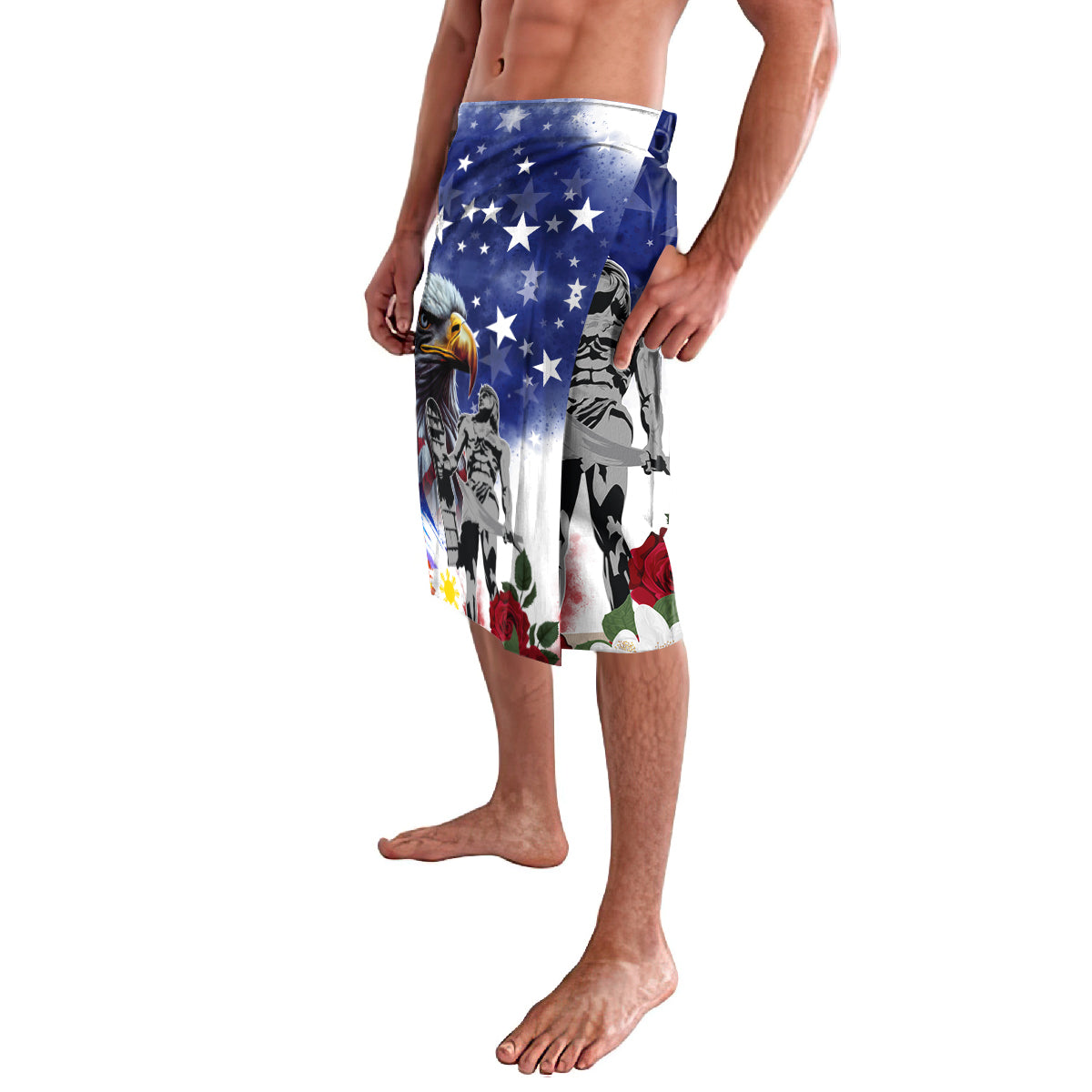 Men's blue graphic shorts with stars, eagle, and red rose accents