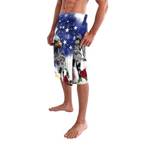 Men's blue graphic shorts with stars, eagle, and red rose accents