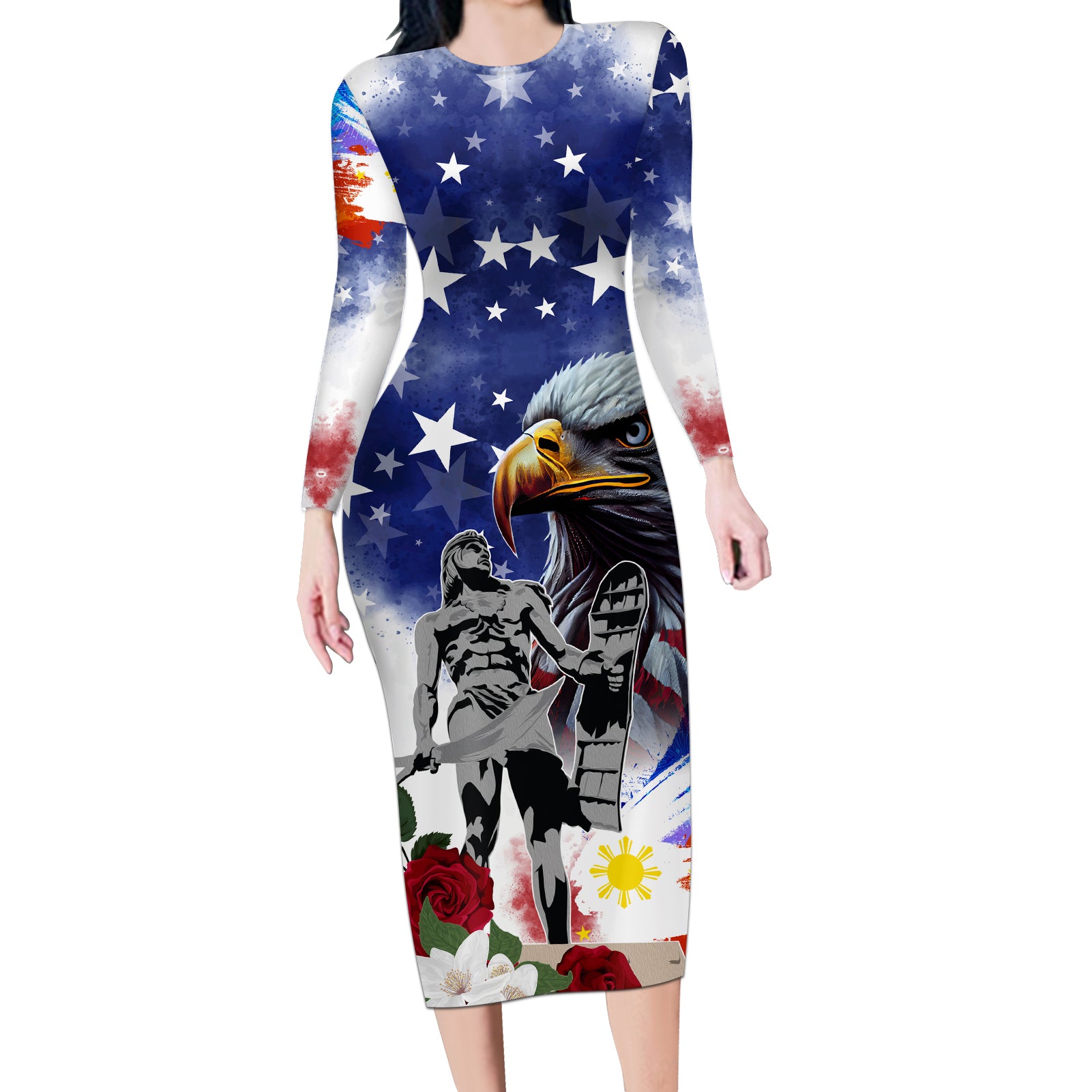 Philippines and American Together Long Sleeve Bodycon Dress Filipino Lapulapu and Bald Eagle - Wonder Print Shop