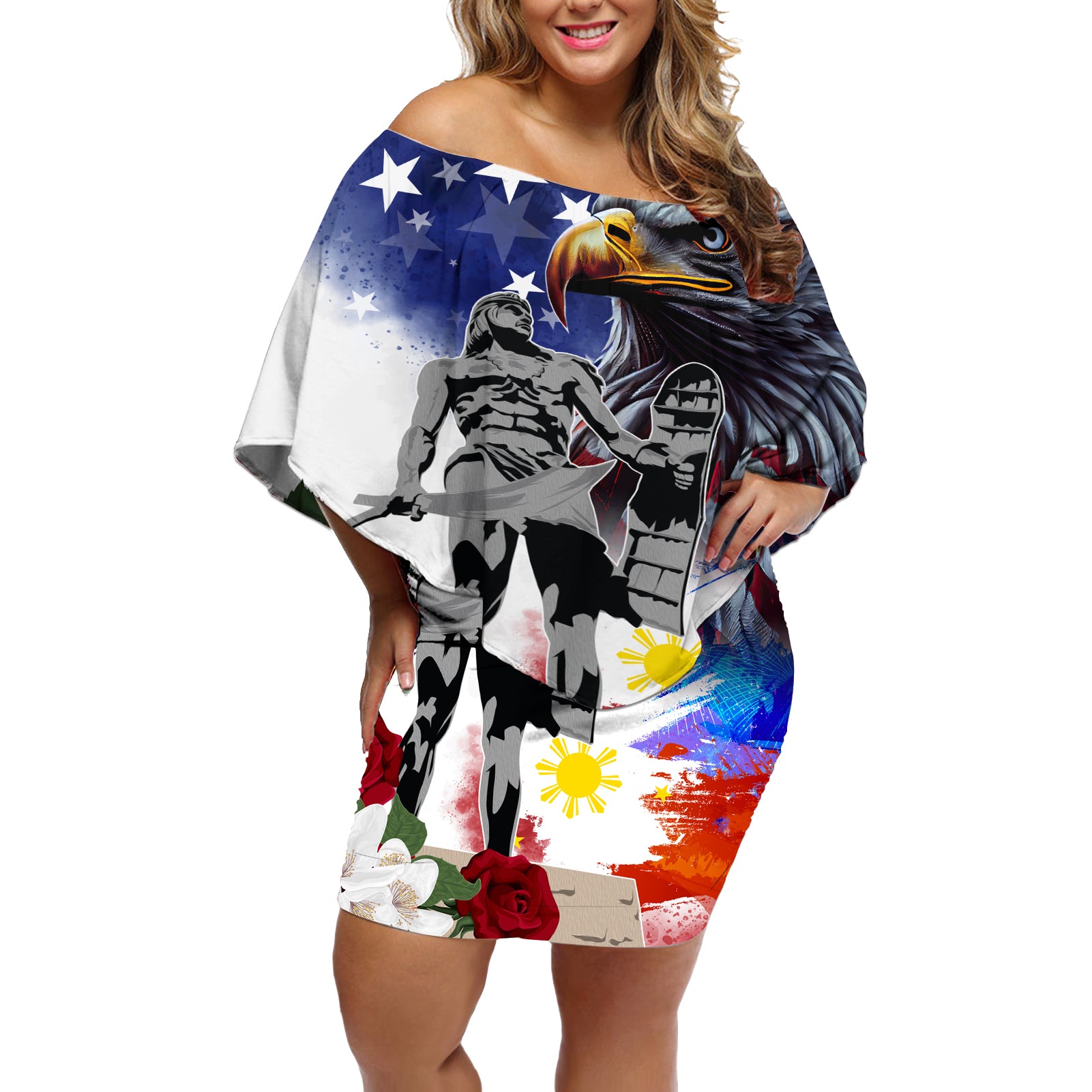 Philippines and American Together Off Shoulder Short Dress Filipino Lapulapu and Bald Eagle - Wonder Print Shop