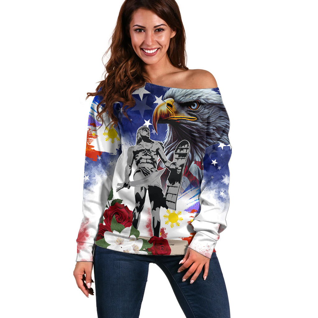 Philippines and American Together Off Shoulder Sweater Filipino Lapulapu and Bald Eagle - Wonder Print Shop