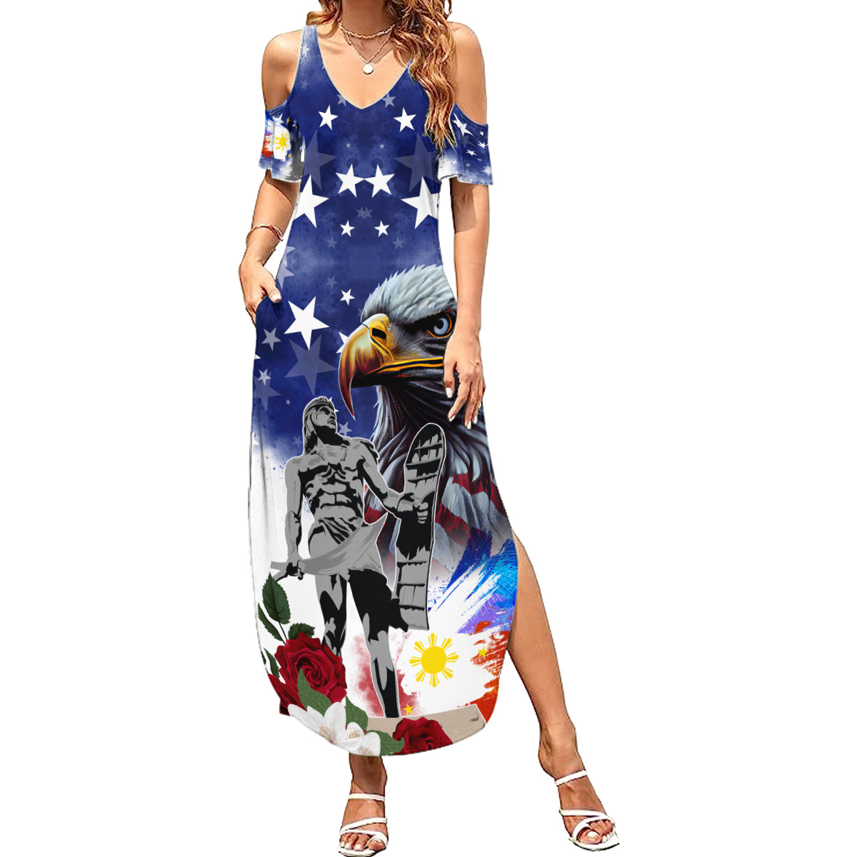 Philippines and American Together Summer Maxi Dress Filipino Lapulapu and Bald Eagle