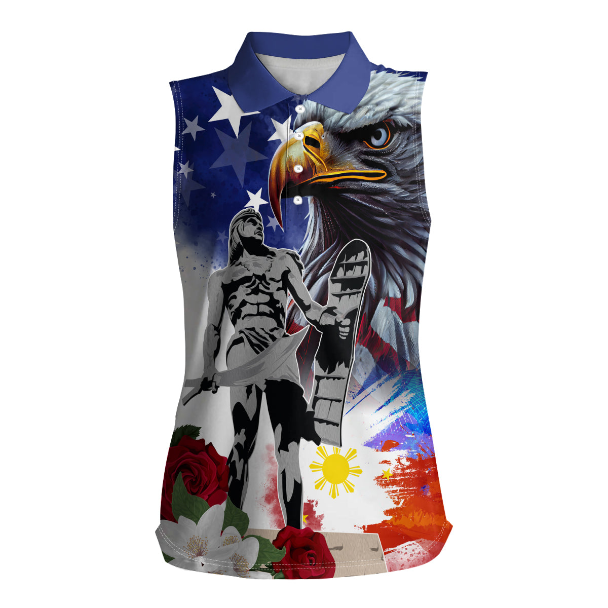 Philippines and American Together Women Sleeveless Polo Shirt Filipino Lapulapu and Bald Eagle